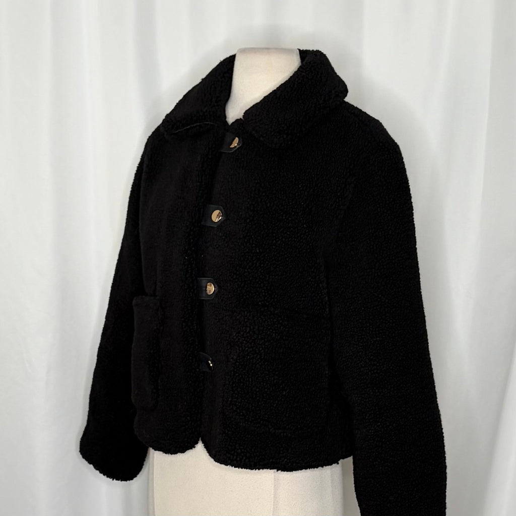ZARA Black Sherpa Fuzzy Fleece Teddy Coat Faux Shearling Snaps Pockets Small