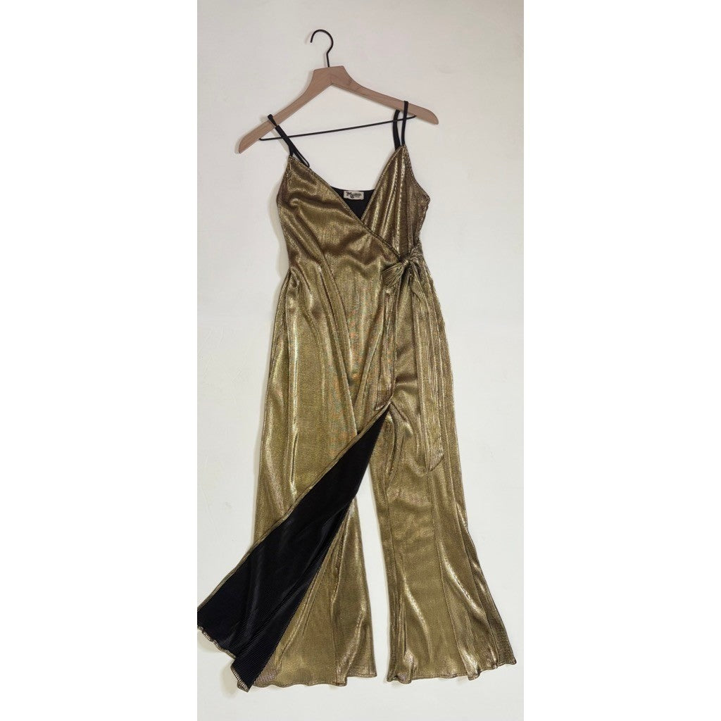 SHOW ME YOUR MUMU Jane Jumpsuit Gold Metallic Wrap Tie Waist Party Glam Small