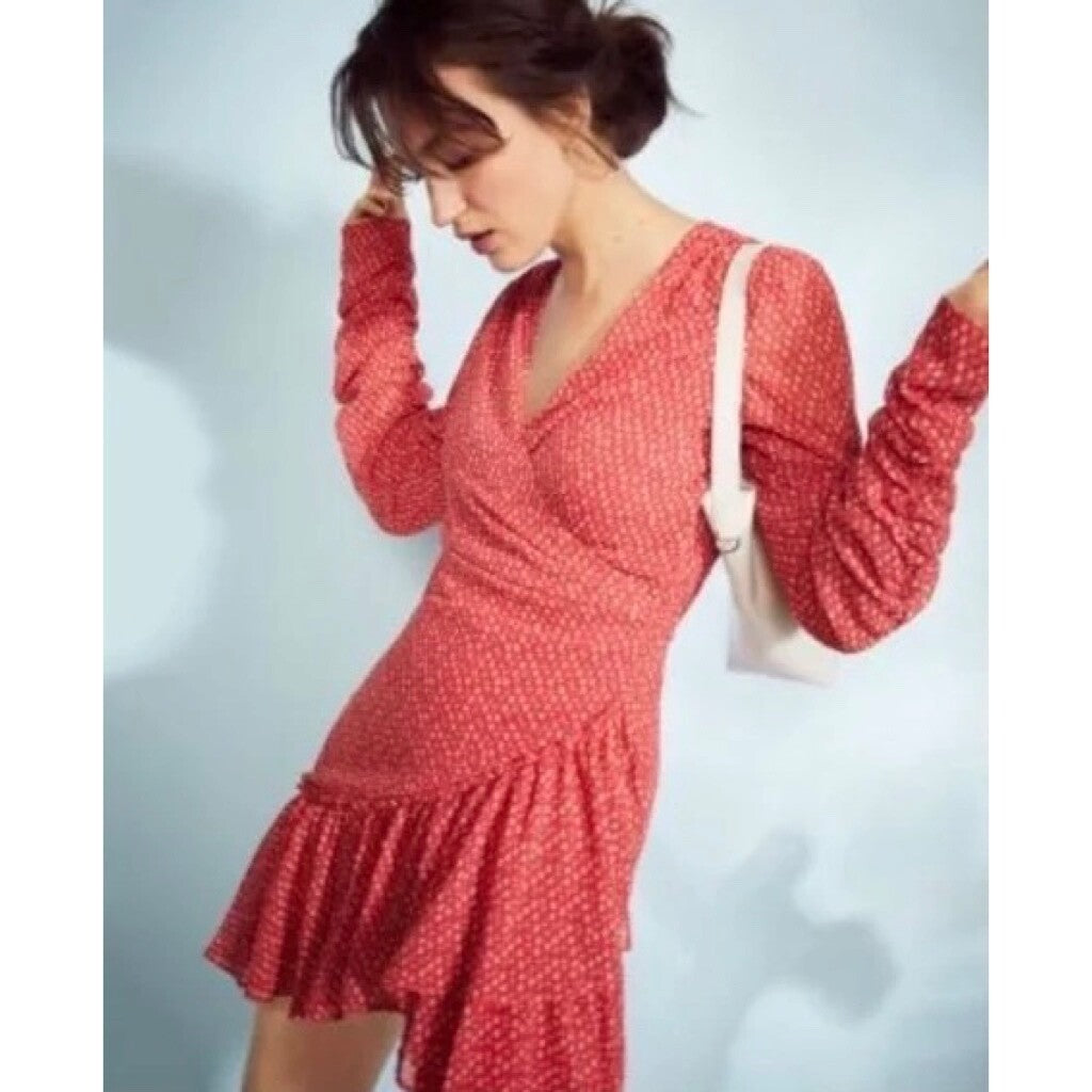 ALLSAINTS Flores Heart Print Wrap Dress Ruched Ruffle Red All Saints X-Small
