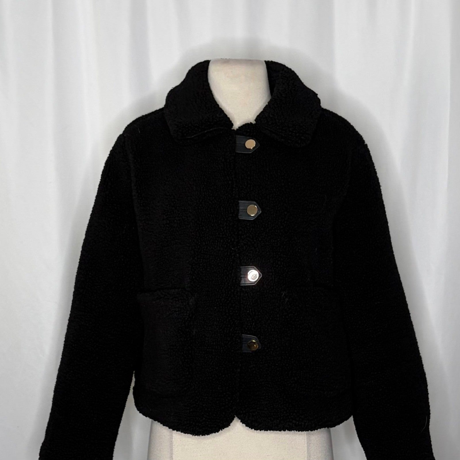 ZARA Black Sherpa Fuzzy Fleece Teddy Coat Faux Shearling Snaps Pockets Small