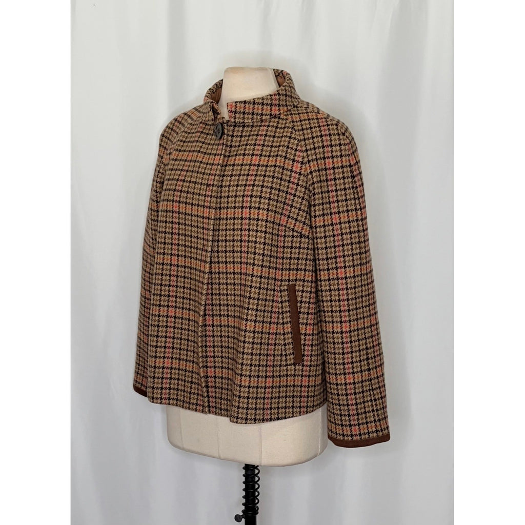 FACONNABLE Wool Plaid Jacket Coat Suede Trims Preppy Academia Swingy Medium