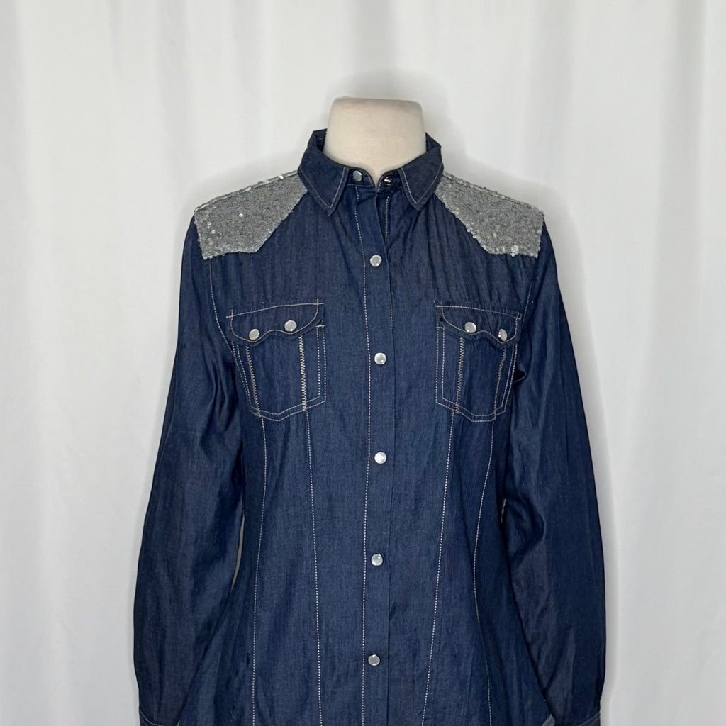 TASHA POLUZZI Roxy Denim Sequin Embellished Snap Front Shirt Western Rodeo Small