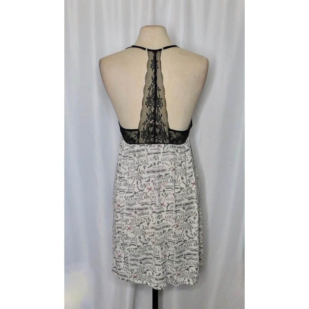 VICTORIA'S SECRET Black Floral Lace Script Print Chemise Gown Nightgown Large