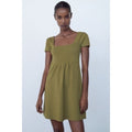 ZARA Squared Mini Babydoll Dress Puff Sleeves Solid Olive Green Knit Small