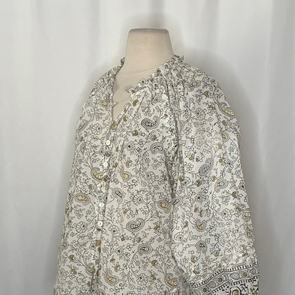 CLEOBELLA Ivy Blouse Woodblock Floral Paisley Print Top Smocked Ruffled Small