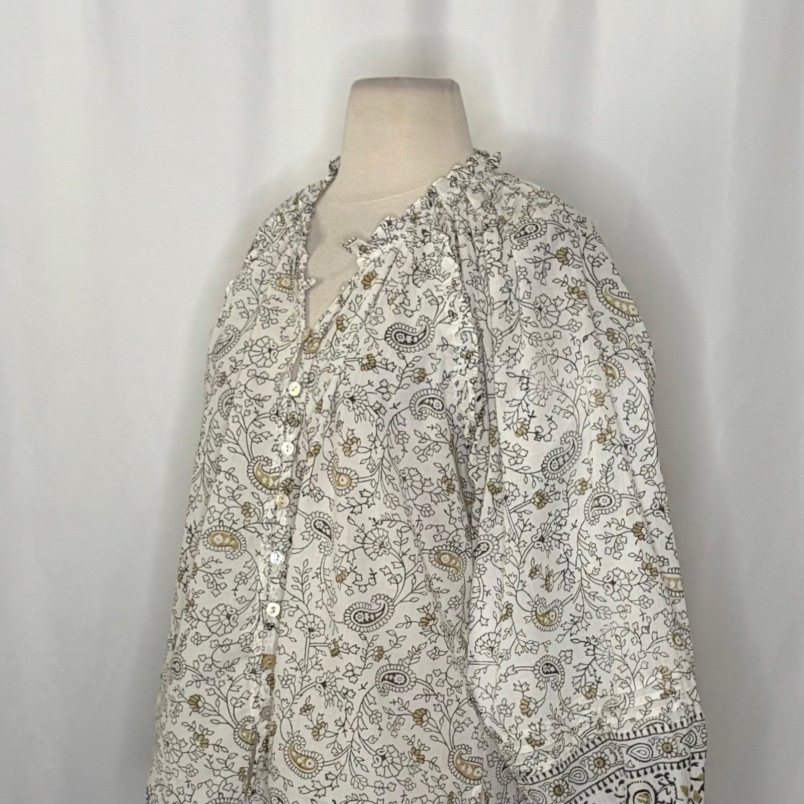 CLEOBELLA Ivy Blouse Woodblock Floral Paisley Print Top Smocked Ruffled Small
