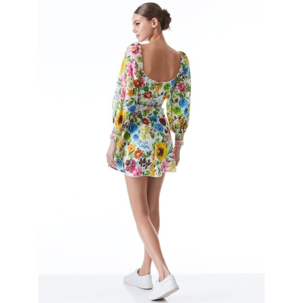 ALICE + OLIVIA Crawford Sweetheart Mini Dress Floral Puff Sleeves Lace Up Size 0