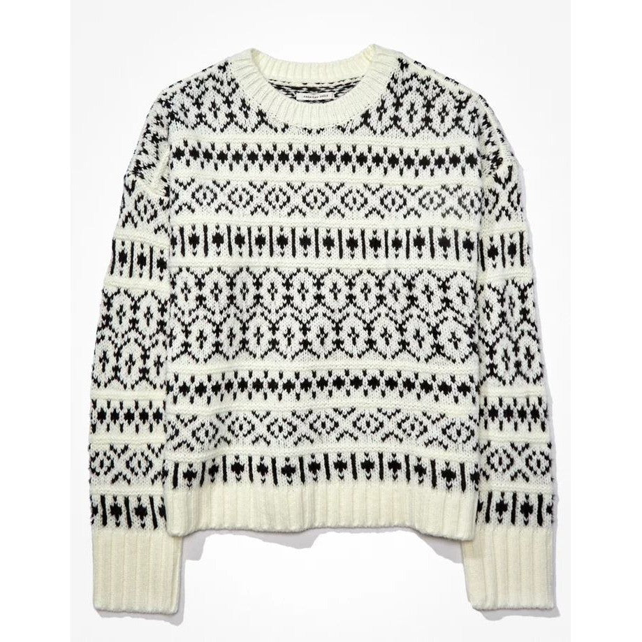 AMERICAN EAGLE Outfitters Fairisle Crew Neck Sweater Black White Fair Isle Small