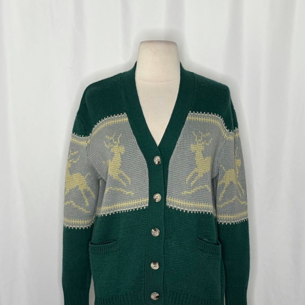 Anthropologie TINY Reindeer Cardigan Sweater Wool Blend Pockets Green X-Small