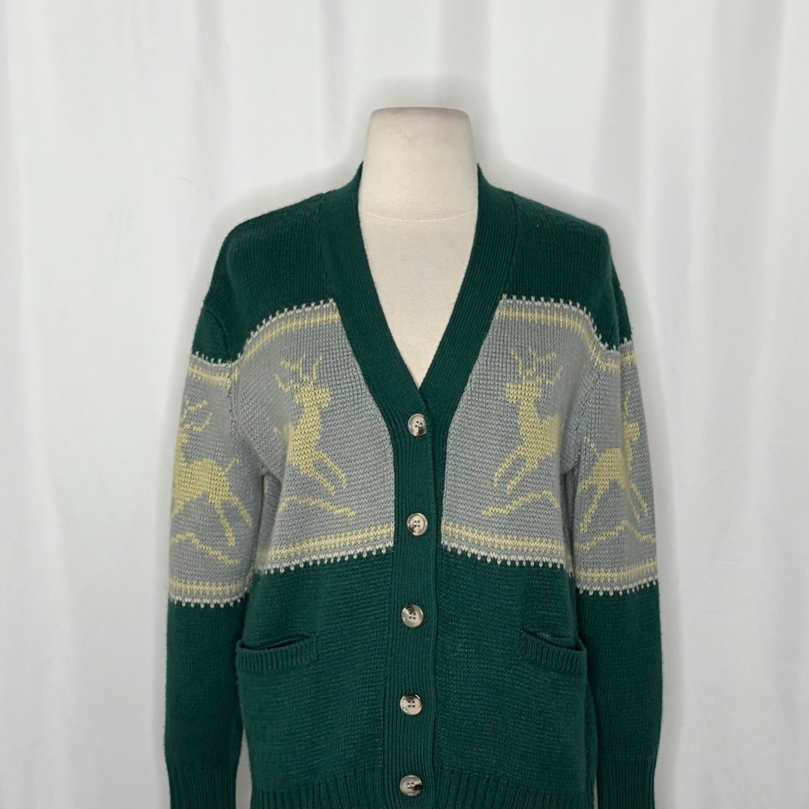 Anthropologie TINY Reindeer Cardigan Sweater Wool Blend Pockets Green X-Small