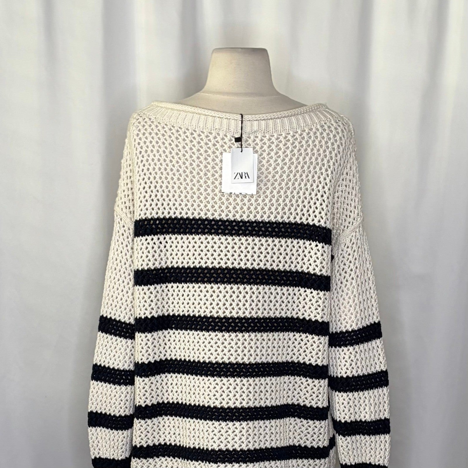 NWT!! ZARA Navy Ivory Striped Pullover Sweater Open Knit Nautical X-Small Small