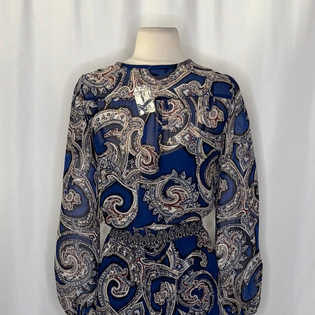 NEW!! WHBM Blue Paisley Smocked Waist Lace-Up Dress White House Black Market 0
