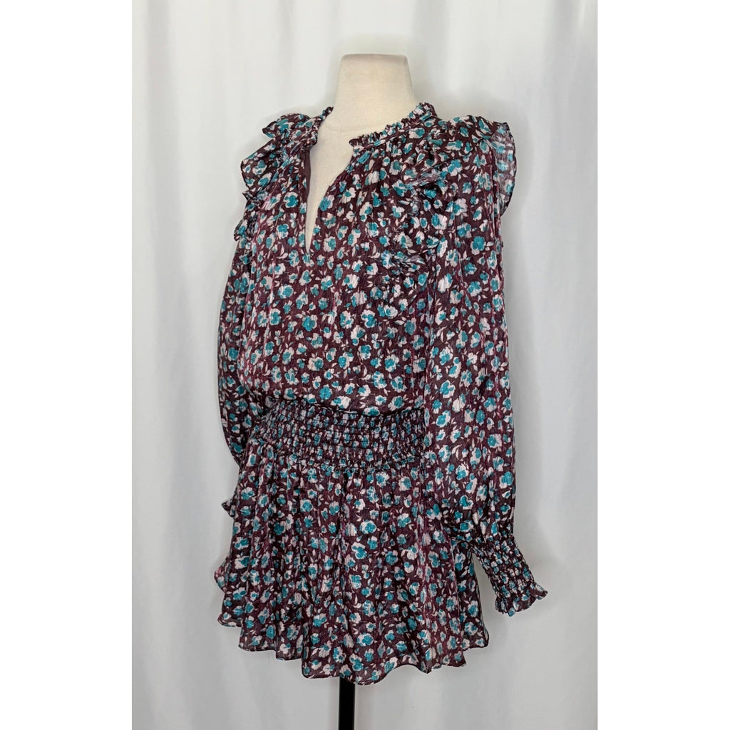 RAMY BROOK Silk Penelope Dress Roco Floral Mini Ruffled Smocked Purple Teal XS