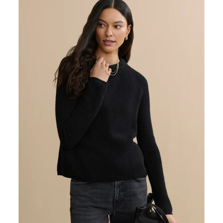 JENNI KAYNE Cashmere Fisherman Sweater Solid Black Raglan Knitwear Knit Large