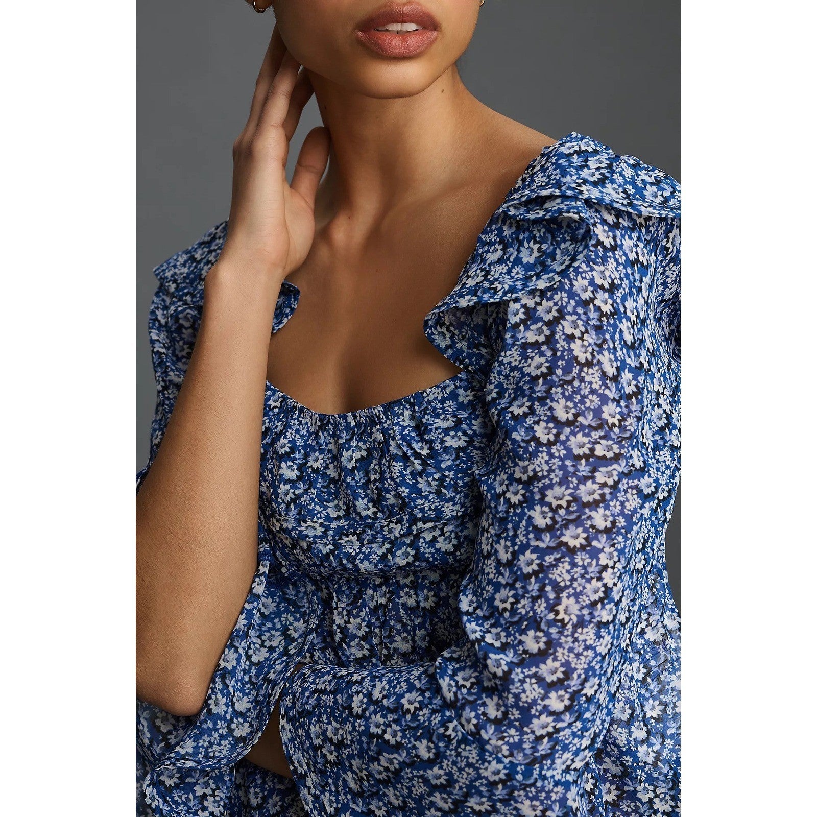 Anthropologie MAEVE Square Neck Sheer Babydoll Top Blue White Floral Large