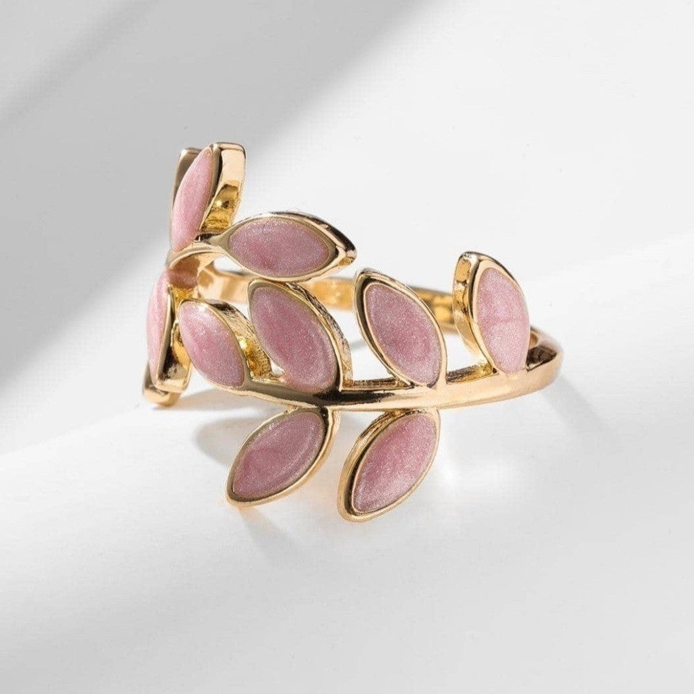 Leaf Design Cuff Ring Gold Pink Adjustable Boho Festival Leaves Botany Plant