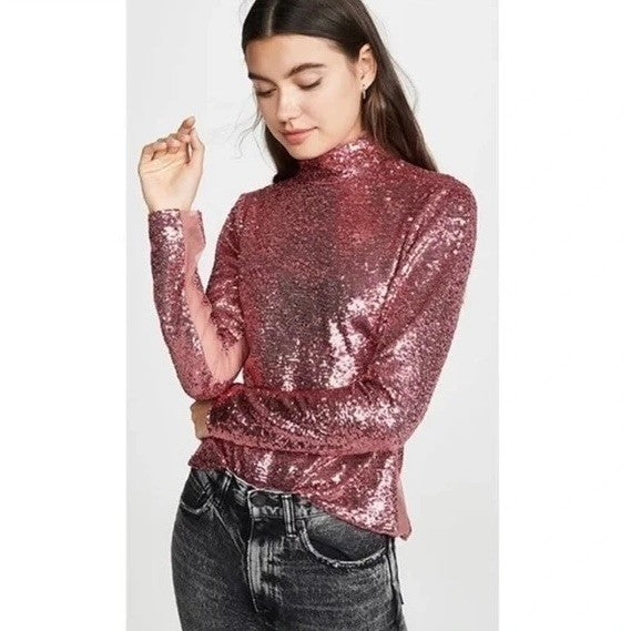 CINQ A SEPT Joan Sequin Top Blouse Rosewood Pink Mock Neck Sequinned X-Small