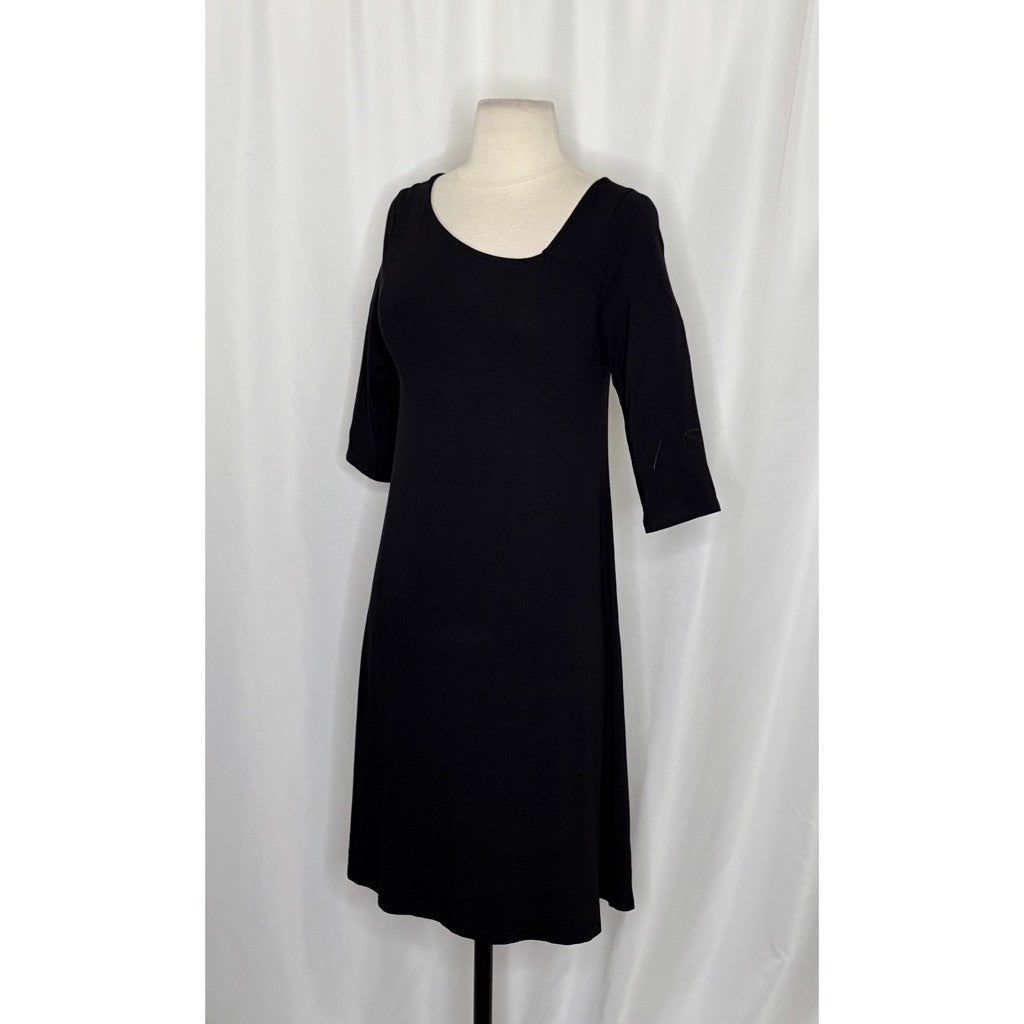 EILEEN FISHER Black Knit Shift Dress Half Sleeves Asymmetrical Neckline X-Small