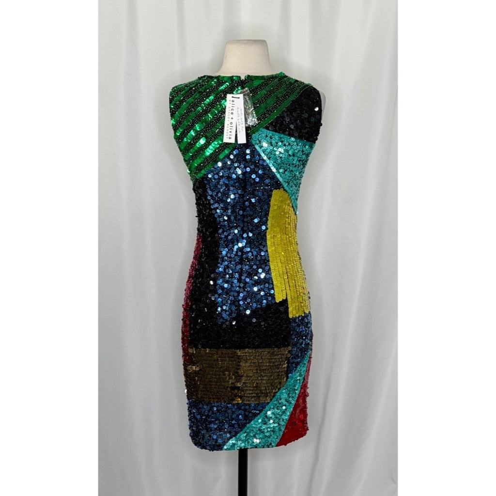 NWT!! ALICE + OLIVIA Nat Sequin Embellished Dress Sheath Beaded Colorful Size 2