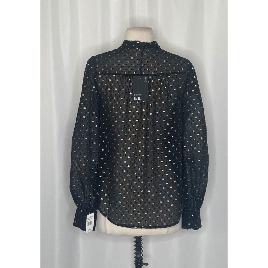 NWT!! PAIGE Cleobelle Black Metallic Tie Neck Top Blouse Rainbow Clip Dot XS
