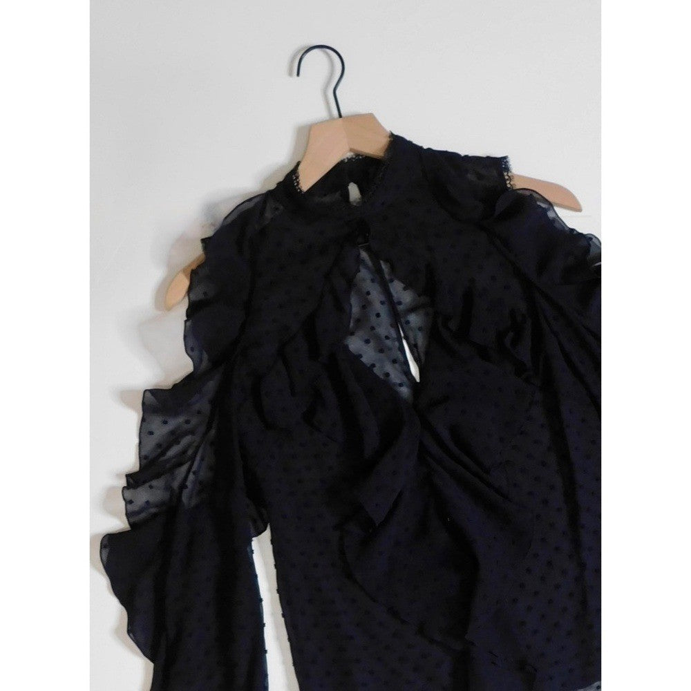 NICHOLAS Navy Blue Swiss Dot Cutout Cold Shoulder Top Blouse Ruffle Size 0