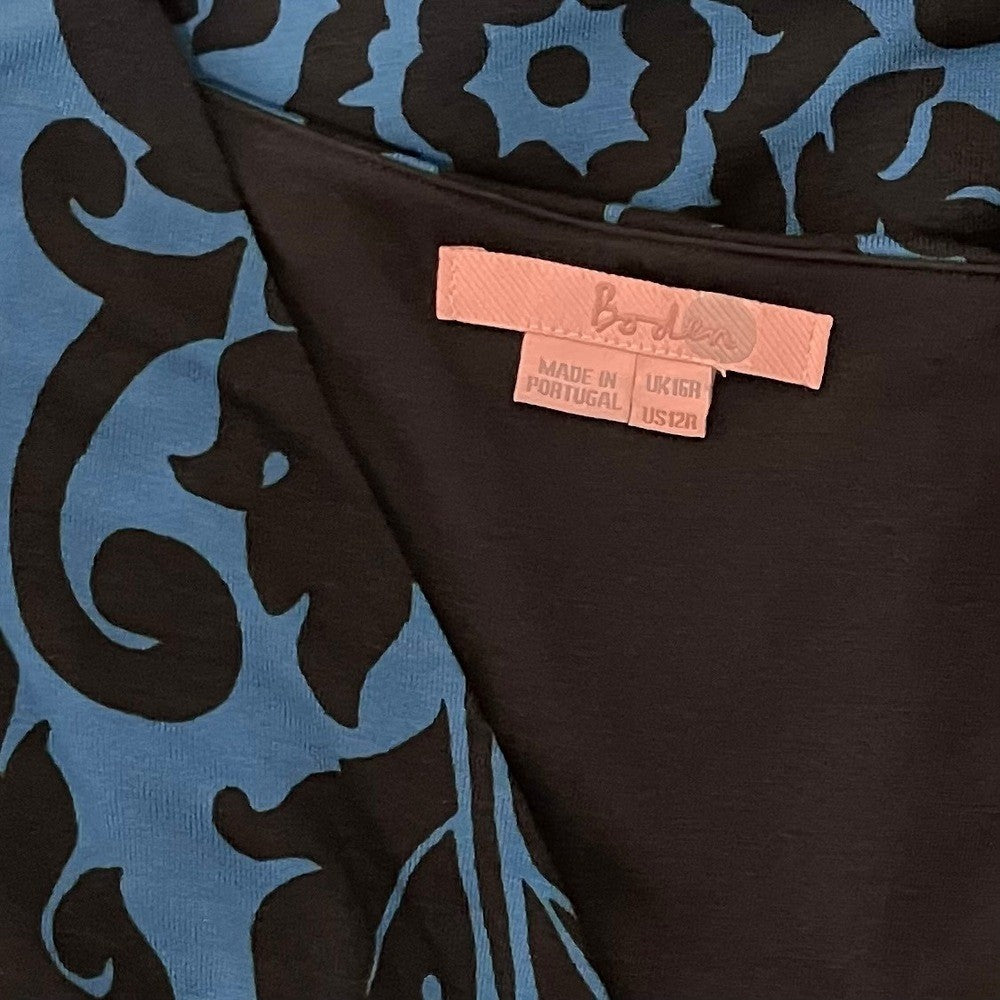 BODEN Henrietta Faux Wrap Day Dress Navy Royal Blue Scroll Print Size 12