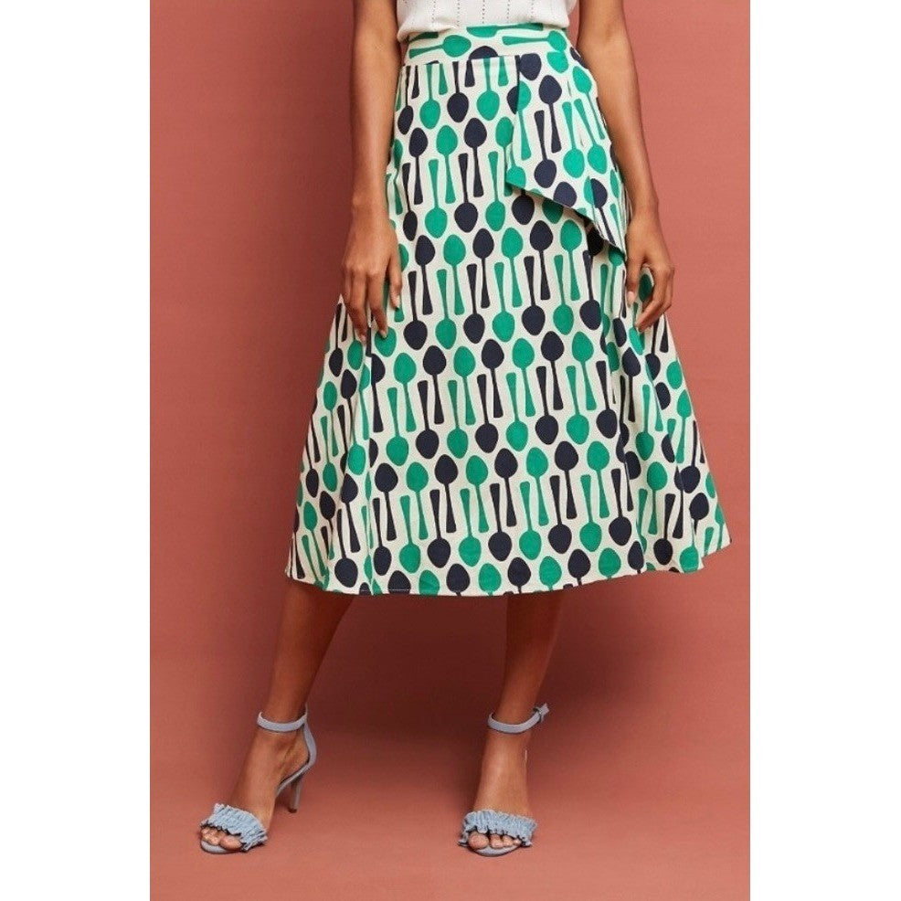 Anthropologie EVA FRANCO Spoons Print Midi Skirt Navy Blue Kelly Green Spoon 8