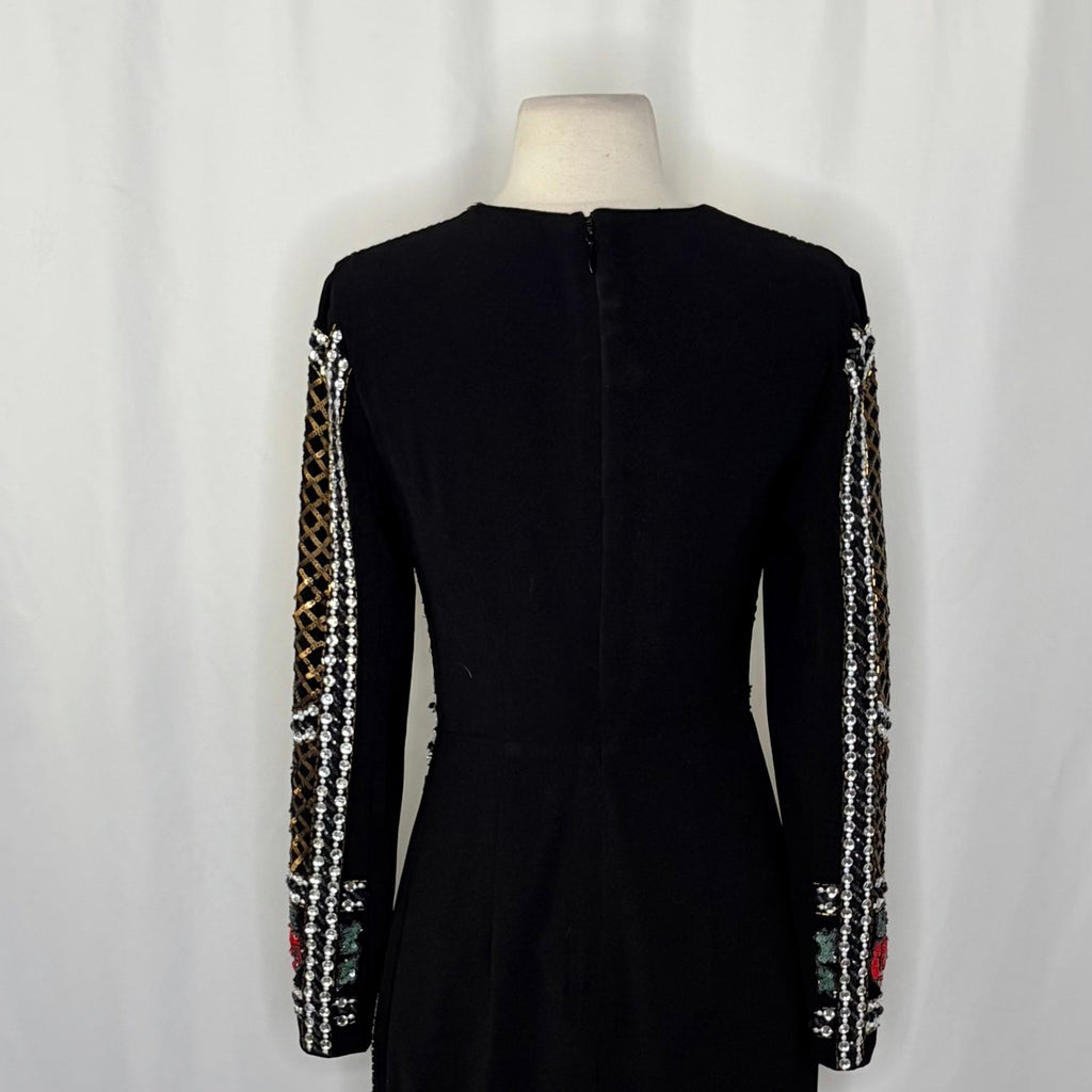 BEBE Black Beaded Sequin Crepe Dress Balmain Bodycon Mini Glam Floral Party 4