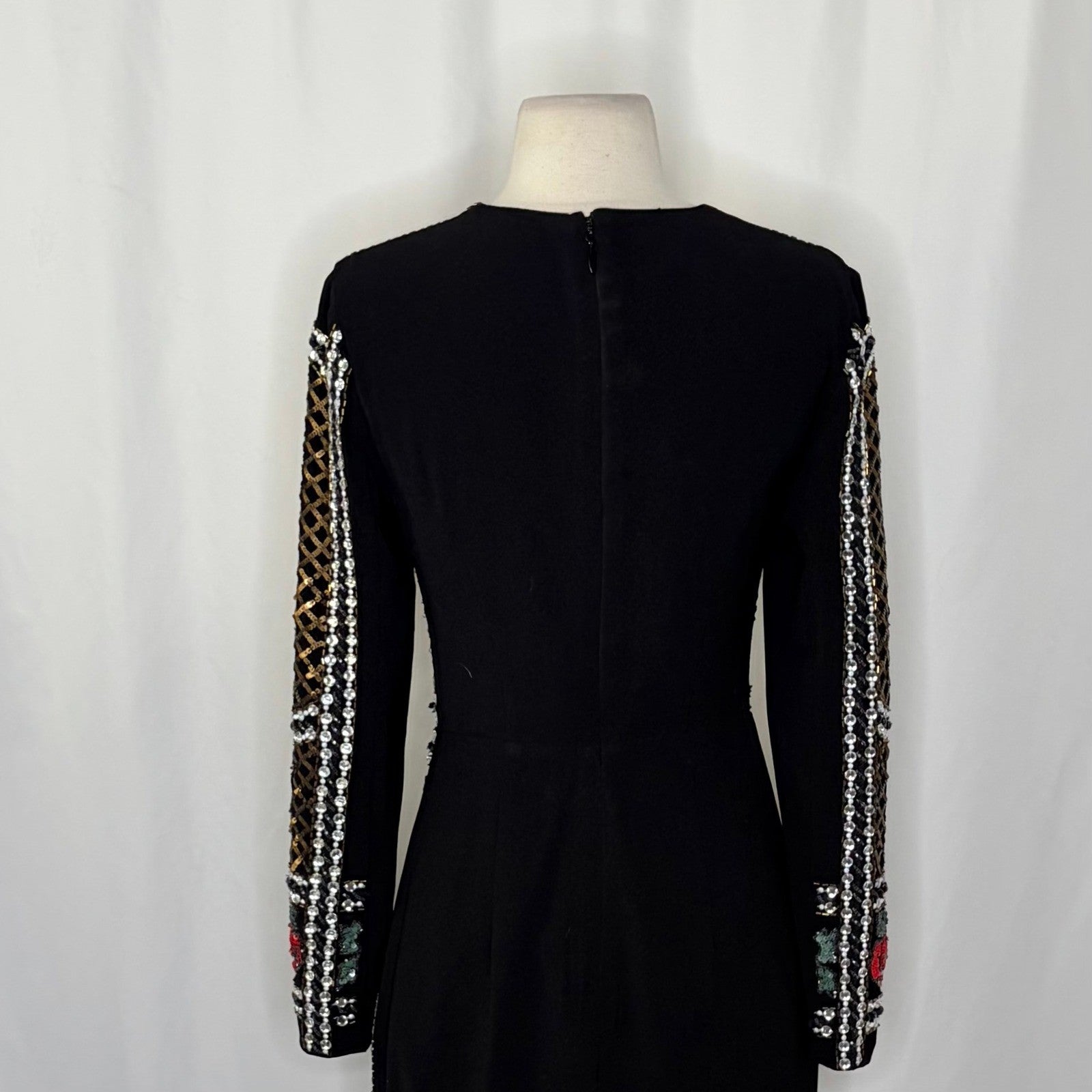 BEBE Black Beaded Sequin Crepe Dress Balmain Bodycon Mini Glam Floral Party 4