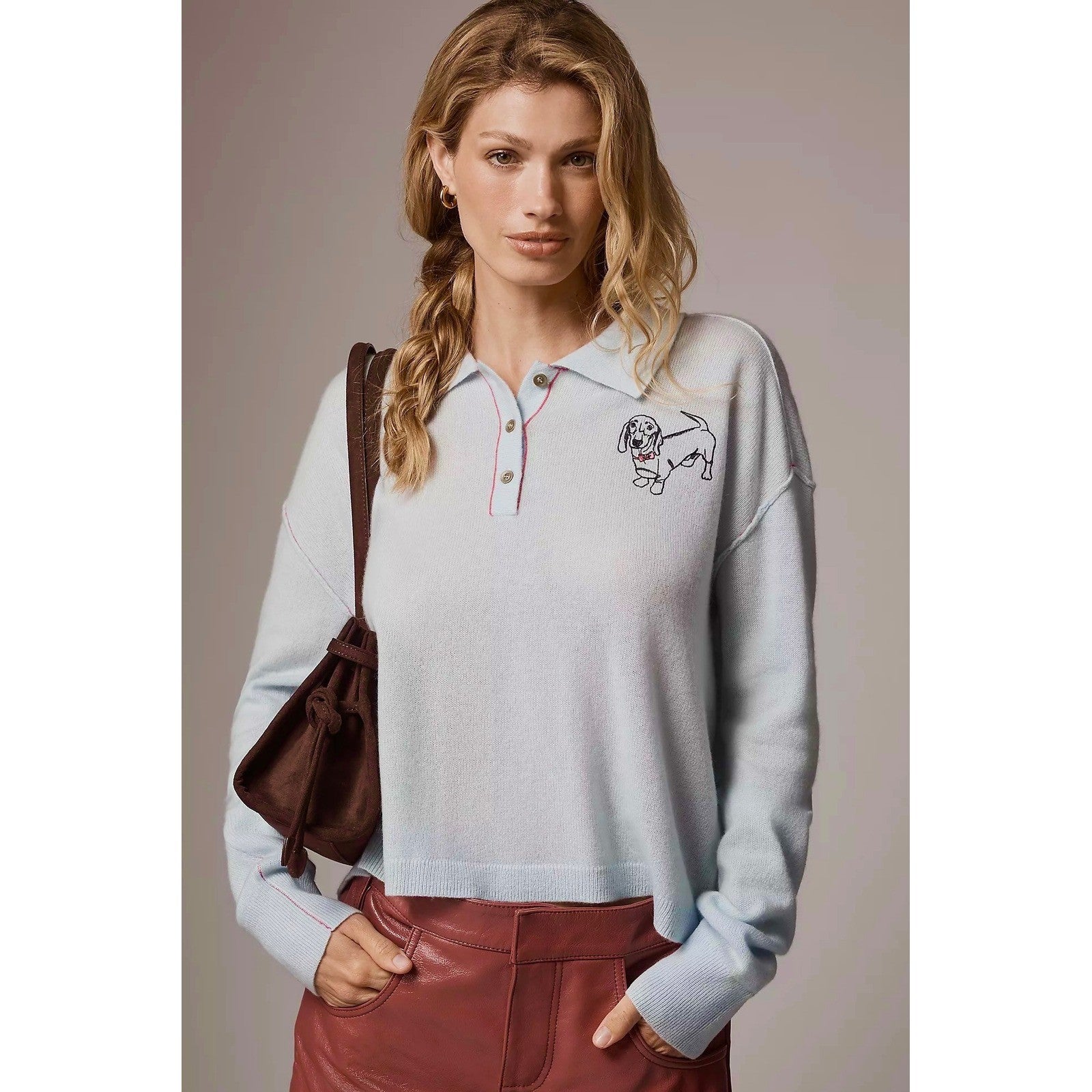 Anthropologie PILCRO The Jensen Cashmere Crop Polo Sweater Soft Sea Dog X-Small