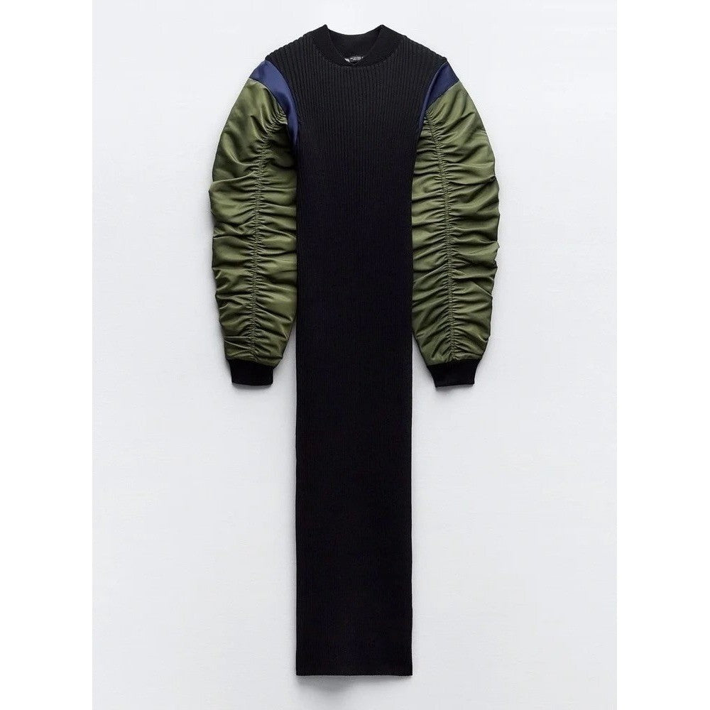 NWT!! ZARA Contrast Nylon Midi Dress Ribbed Knit Olive Green Black Blue Large