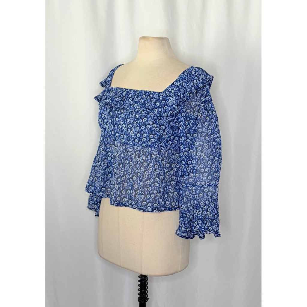 Anthropologie MAEVE Square Neck Sheer Babydoll Top Blue White Floral Large
