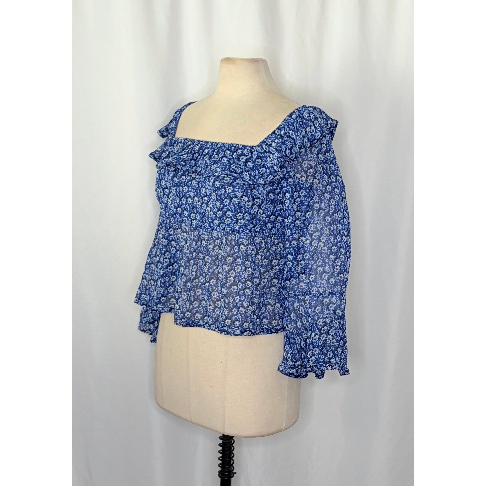 Anthropologie MAEVE Square Neck Sheer Babydoll Top Blue White Floral Large