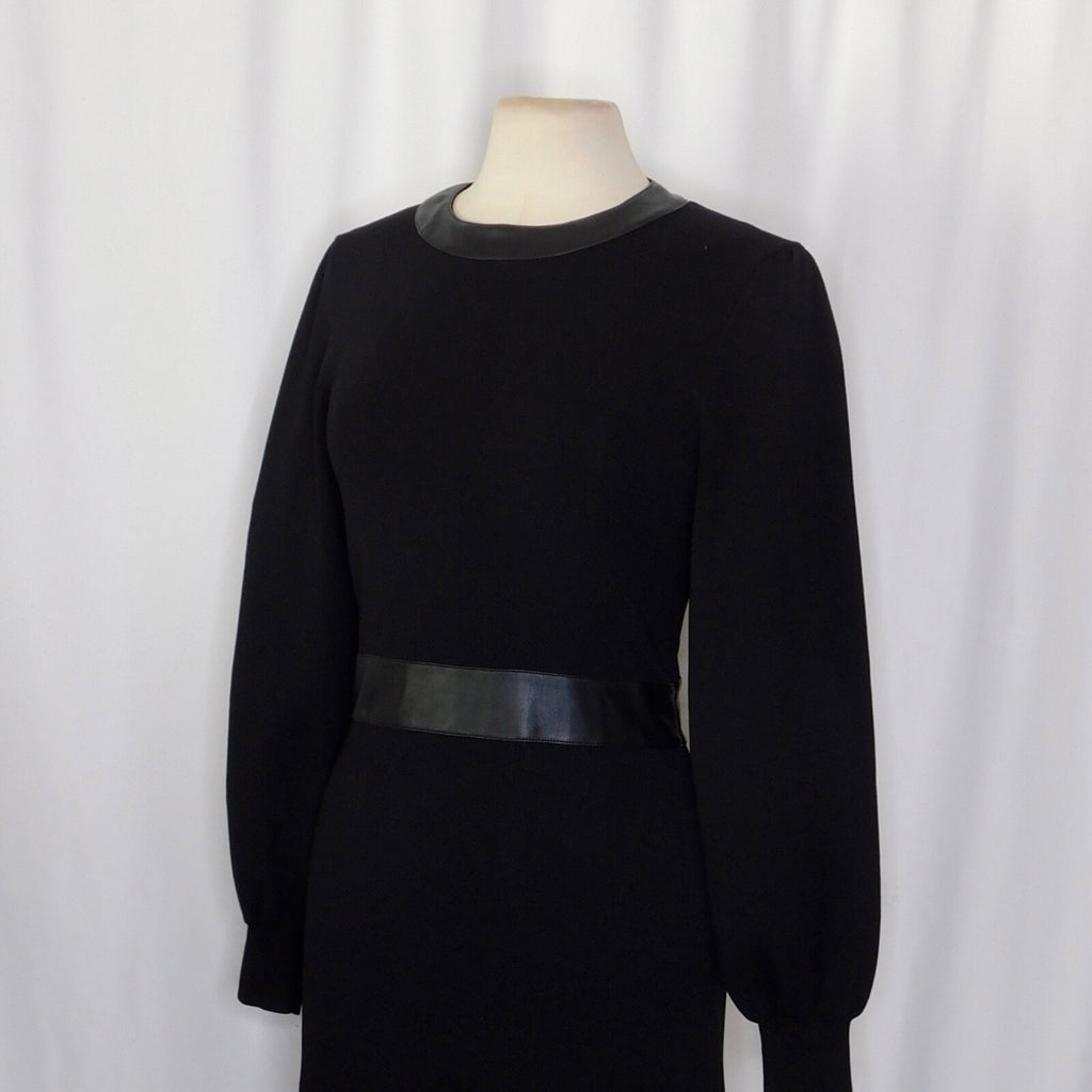 THE KOOPLES Black Knit Faux Leather Trimmed Dress Puff Sleeves Size 3 / Large