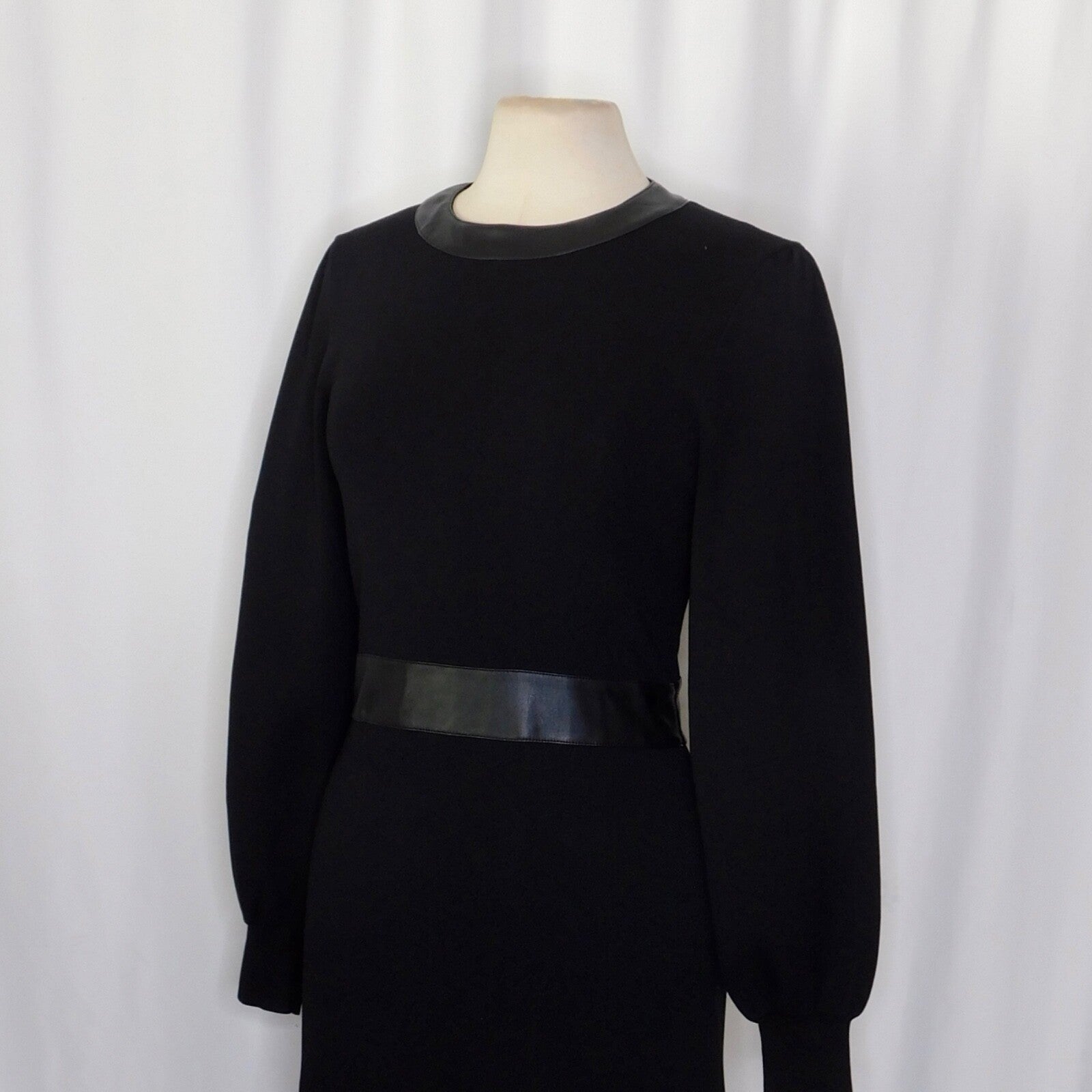 THE KOOPLES Black Knit Faux Leather Trimmed Dress Puff Sleeves Size 3 / Large