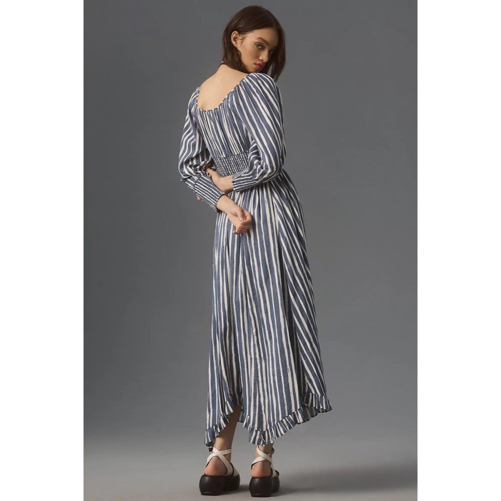 NWT!! By ANTHROPOLOGIE Long Sleeve Sweetheart Midi Dress Blue White Striped XS