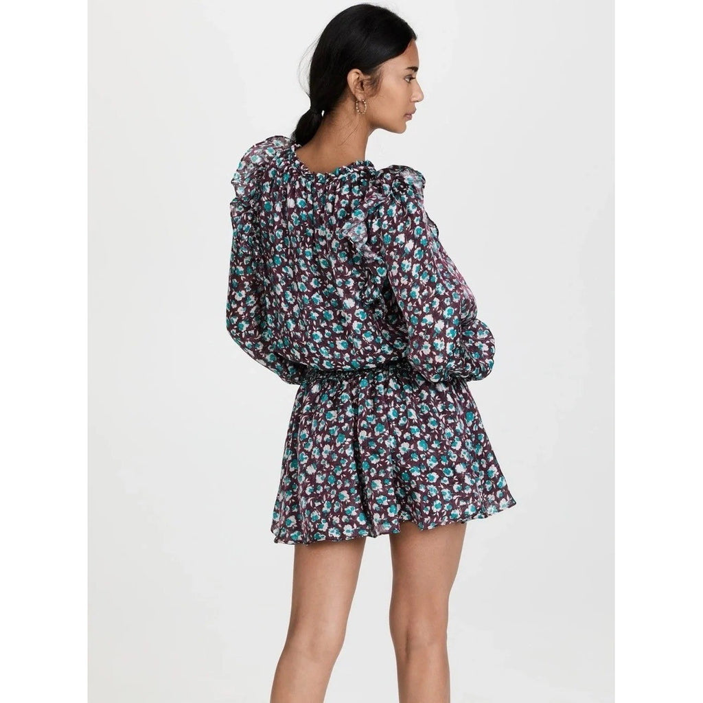 RAMY BROOK Silk Penelope Dress Roco Floral Mini Ruffled Smocked Purple Teal XS