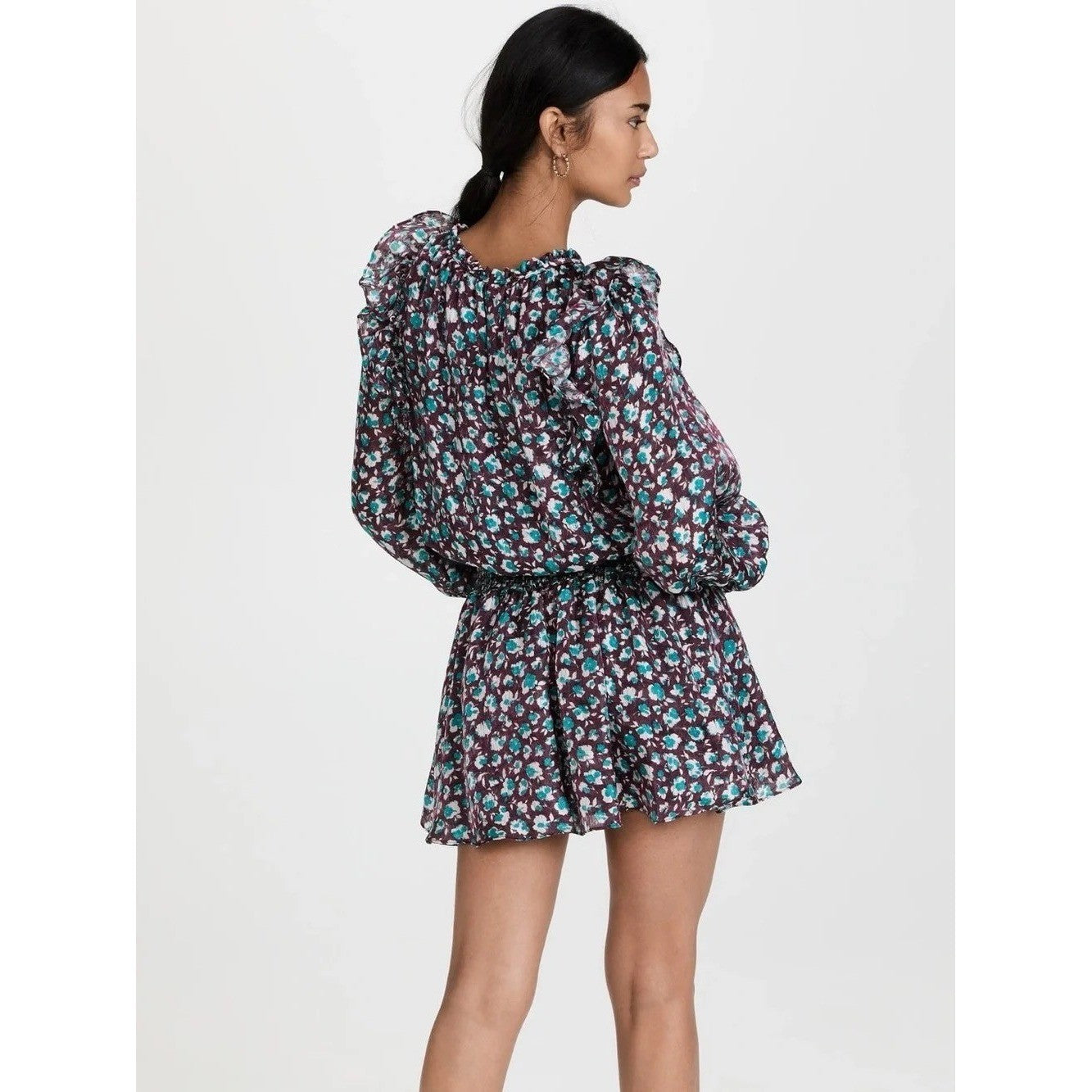RAMY BROOK Silk Penelope Dress Roco Floral Mini Ruffled Smocked Purple Teal XS