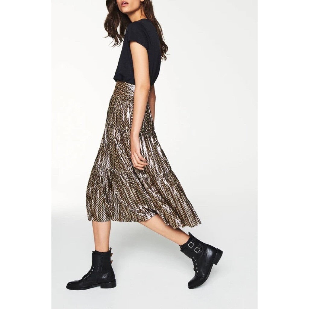 BA&SH Pleated Jupe Poly Midi Skirt Chevron Stripe Foil Metallic Tiered Size 6