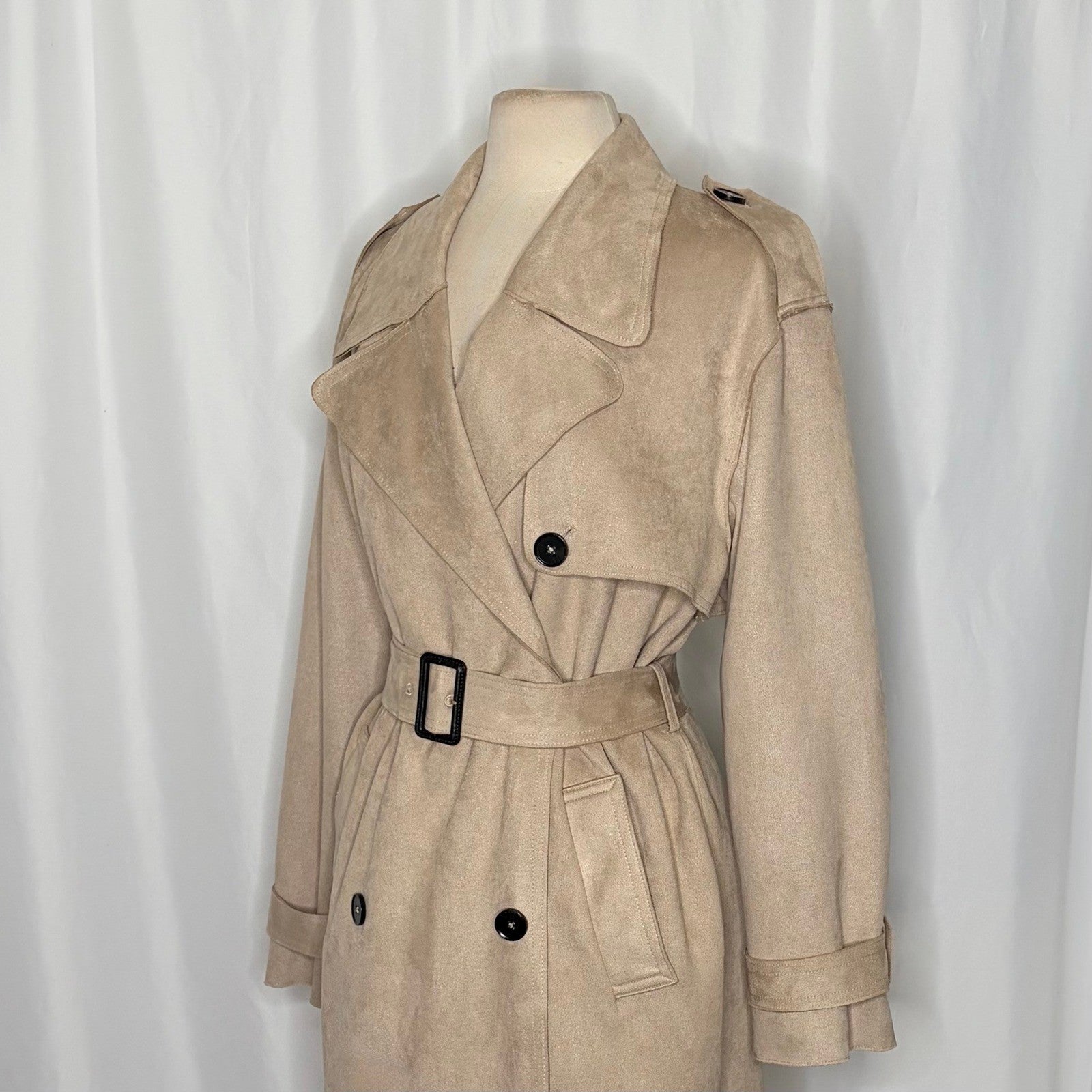 ZARA Faux Suede Trench Coat Belted Jacket Solid Tan Brown Pockets Outdoors Large