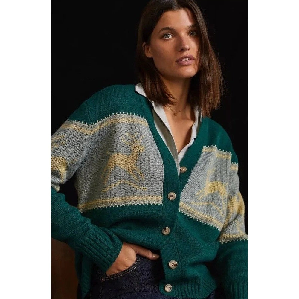 Anthropologie TINY Reindeer Cardigan Sweater Wool Blend Pockets Green X-Small