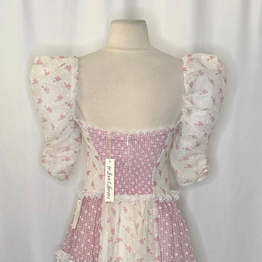 NWT!! FOR LOVE & LEMONS Francine Floral Patchwork Mini Dress Lace Coquette XS