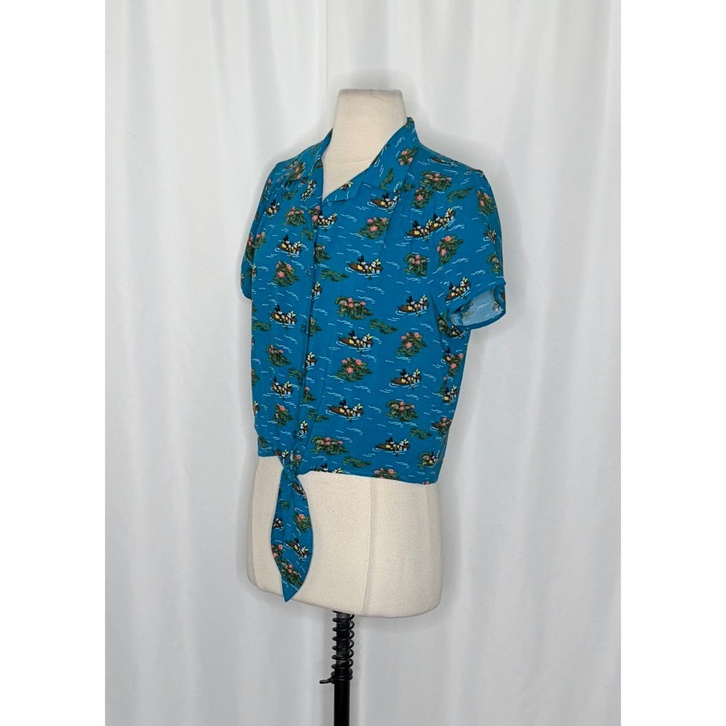 DISNEY Mickey Mouse Minnie Mouse Cropped Tie Waist Buttondown Shirt Blue Small