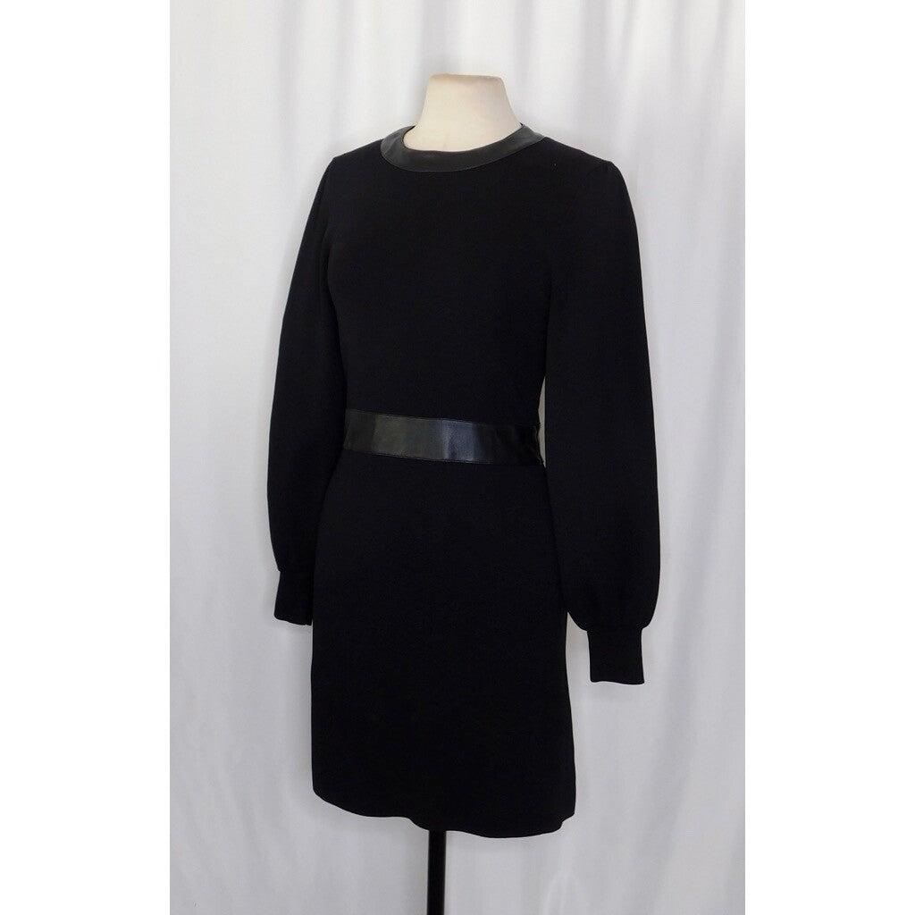 THE KOOPLES Black Knit Faux Leather Trimmed Dress Puff Sleeves Size 3 / Large