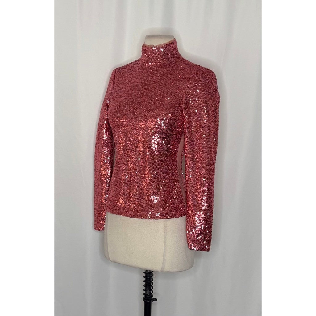 CINQ A SEPT Joan Sequin Top Blouse Rosewood Pink Mock Neck Sequinned X-Small