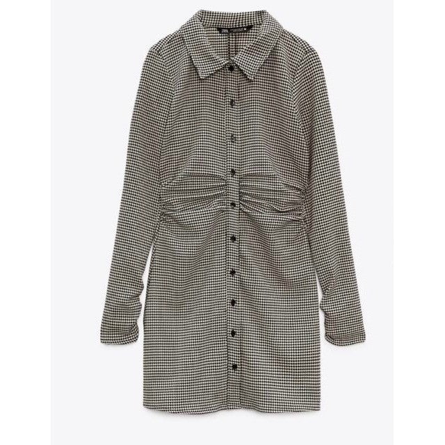 ZARA Houndstooth Black Tan Shirtdress Ruched Preppy Plaid Shirt Dress Medium