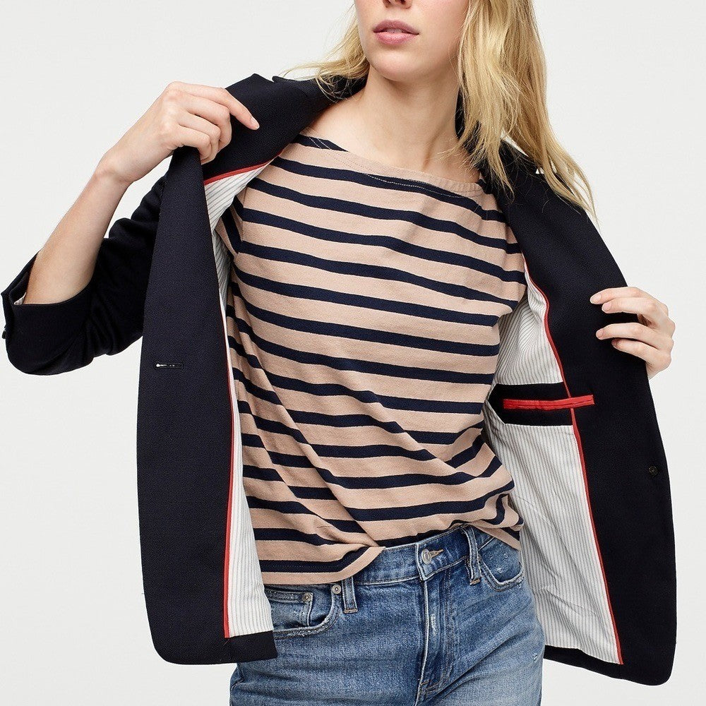 J. CREW Regent Blazer Navy Blue Wool Flannel Striped Lining Single Button 12