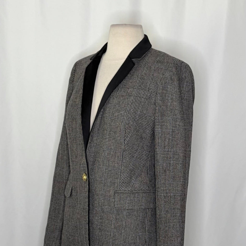J. CREW Wool Regent Blazer Plaid Satin Lapels Houndstooth Black Gray Size 6