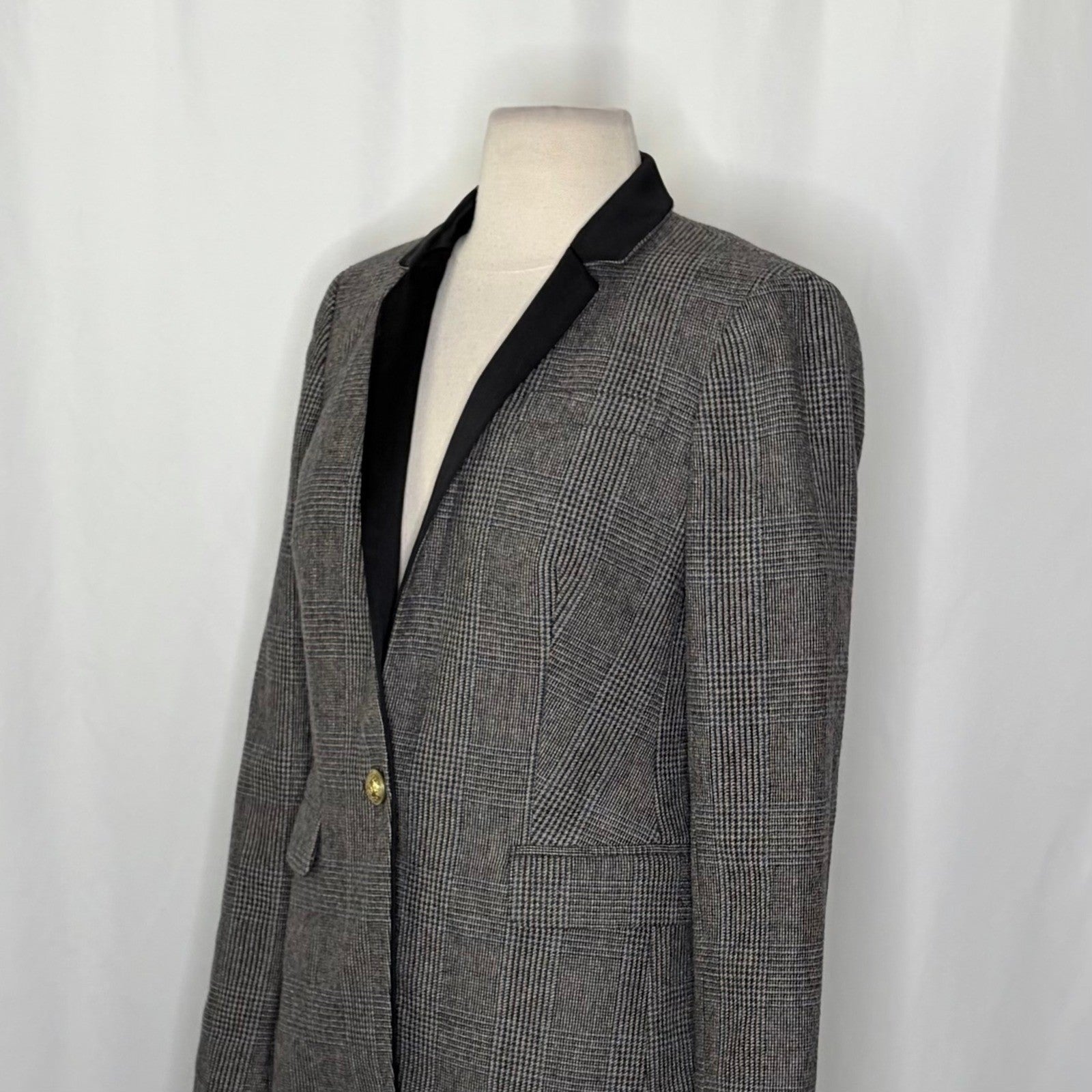 J. CREW Wool Regent Blazer Plaid Satin Lapels Houndstooth Black Gray Size 6