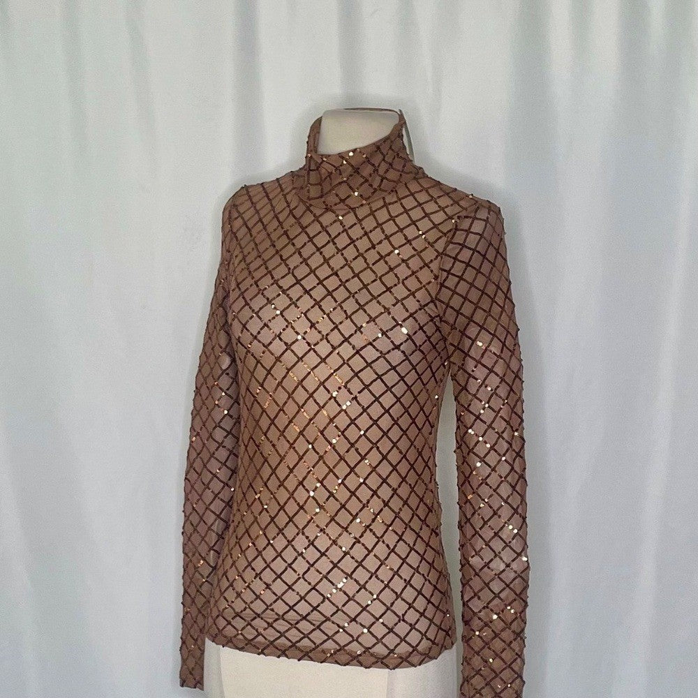 NWT!! Anthropologie PILCRO Turtleneck Sequin Top Shirt Bronze Party Glam X-Small